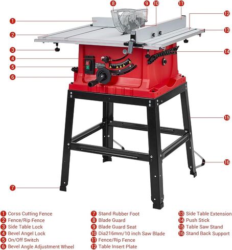 Table Saw, Garvee 10 Inch 15A Multifunctional Saw with Stand & Push Stick for Jobside, 90° Cross Cut & 0-45° Bevel Cut, Cutting Speed Up to 5000RPM, Adjustable Blade Height, Ideal for Woodworking in Saudi Arabia