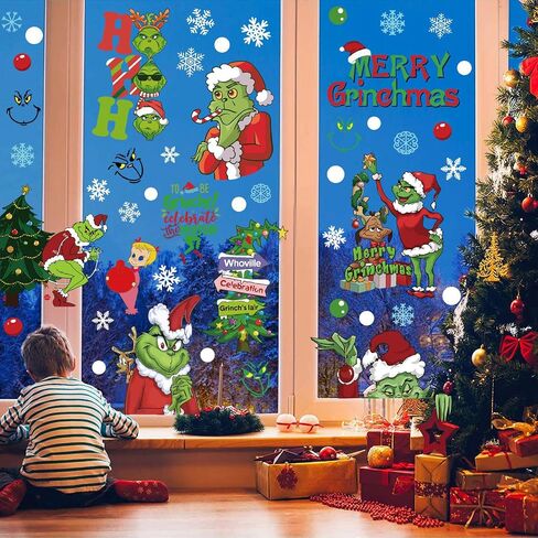 102Pcs Christmas Window Clings Stickers for Glass Winter Decorations for Indoor and Outdoor Christmas Window Decorations for Home Funny Green Monster Snowflake Xmas Window Decals in Saudi Arabia