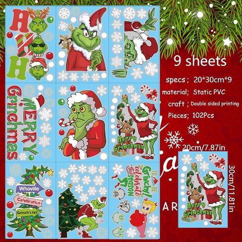102Pcs Christmas Window Clings Stickers for Glass Winter Decorations for Indoor and Outdoor Christmas Window Decorations for Home Funny Green Monster Snowflake Xmas Window Decals in Saudi Arabia