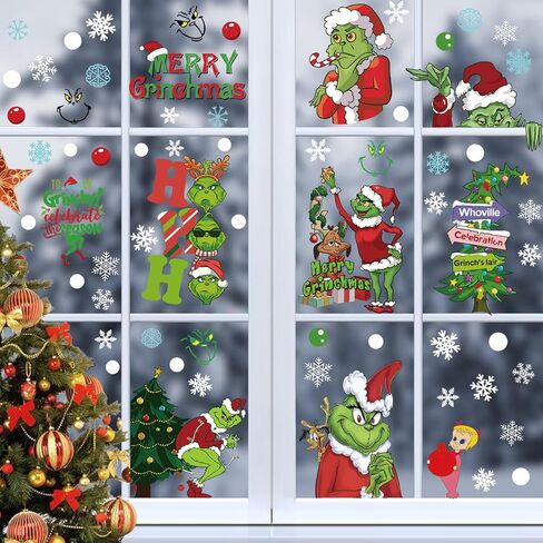 102Pcs Christmas Window Clings Stickers for Glass Winter Decorations for Indoor and Outdoor Christmas Window Decorations for Home Funny Green Monster Snowflake Xmas Window Decals in Saudi Arabia