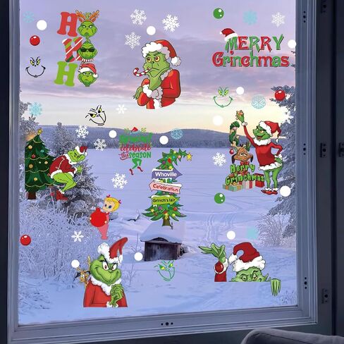 102Pcs Christmas Window Clings Stickers for Glass Winter Decorations for Indoor and Outdoor Christmas Window Decorations for Home Funny Green Monster Snowflake Xmas Window Decals in Saudi Arabia