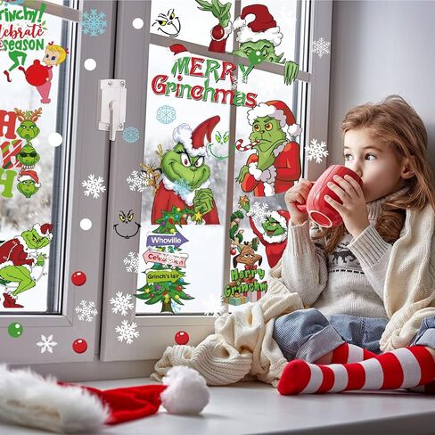 102Pcs Christmas Window Clings Stickers for Glass Winter Decorations for Indoor and Outdoor Christmas Window Decorations for Home Funny Green Monster Snowflake Xmas Window Decals in Saudi Arabia