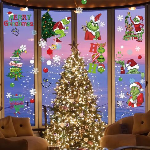 102Pcs Christmas Window Clings Stickers for Glass Winter Decorations for Indoor and Outdoor Christmas Window Decorations for Home Funny Green Monster Snowflake Xmas Window Decals in Saudi Arabia