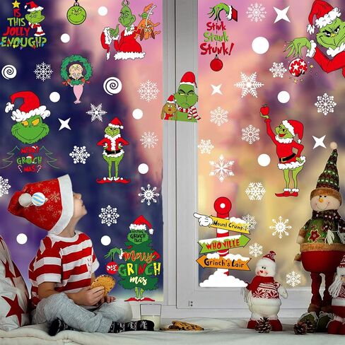102Pcs Christmas Window Clings Stickers for Glass Winter Decorations for Indoor and Outdoor Christmas Window Decorations for Home Funny Green Monster Snowflake Xmas Window Decals in Saudi Arabia