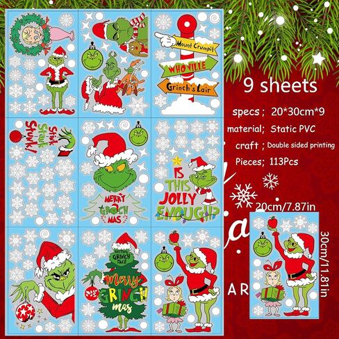102Pcs Christmas Window Clings Stickers for Glass Winter Decorations for Indoor and Outdoor Christmas Window Decorations for Home Funny Green Monster Snowflake Xmas Window Decals in Saudi Arabia