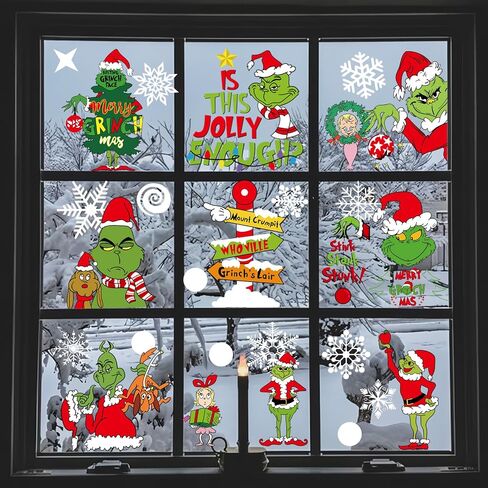 102Pcs Christmas Window Clings Stickers for Glass Winter Decorations for Indoor and Outdoor Christmas Window Decorations for Home Funny Green Monster Snowflake Xmas Window Decals in Saudi Arabia
