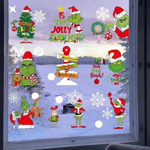 102Pcs Christmas Window Clings Stickers for Glass Winter Decorations for Indoor and Outdoor Christmas Window Decorations for Home Funny Green Monster Snowflake Xmas Window Decals in Saudi Arabia