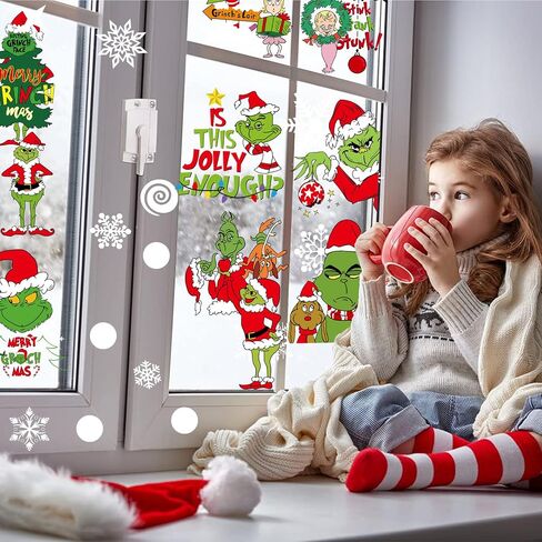 102Pcs Christmas Window Clings Stickers for Glass Winter Decorations for Indoor and Outdoor Christmas Window Decorations for Home Funny Green Monster Snowflake Xmas Window Decals in Saudi Arabia