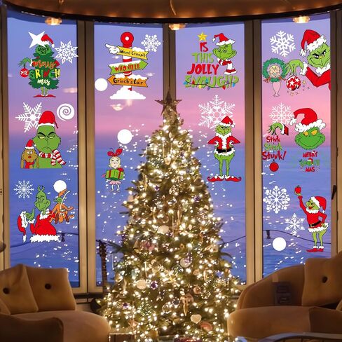 102Pcs Christmas Window Clings Stickers for Glass Winter Decorations for Indoor and Outdoor Christmas Window Decorations for Home Funny Green Monster Snowflake Xmas Window Decals in Saudi Arabia