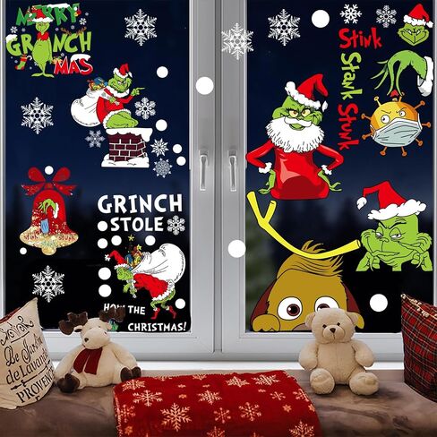 102Pcs Christmas Window Clings Stickers for Glass Winter Decorations for Indoor and Outdoor Christmas Window Decorations for Home Funny Green Monster Snowflake Xmas Window Decals in Saudi Arabia