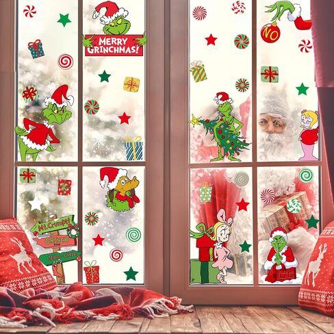 102Pcs Christmas Window Clings Stickers for Glass Winter Decorations for Indoor and Outdoor Christmas Window Decorations for Home Funny Green Monster Snowflake Xmas Window Decals in Saudi Arabia