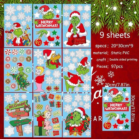 102Pcs Christmas Window Clings Stickers for Glass Winter Decorations for Indoor and Outdoor Christmas Window Decorations for Home Funny Green Monster Snowflake Xmas Window Decals in Saudi Arabia