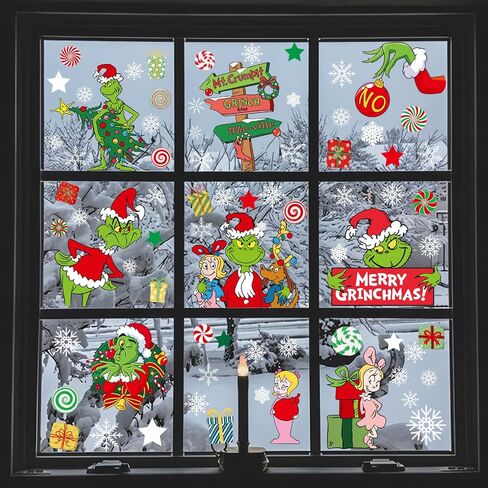 102Pcs Christmas Window Clings Stickers for Glass Winter Decorations for Indoor and Outdoor Christmas Window Decorations for Home Funny Green Monster Snowflake Xmas Window Decals in Saudi Arabia