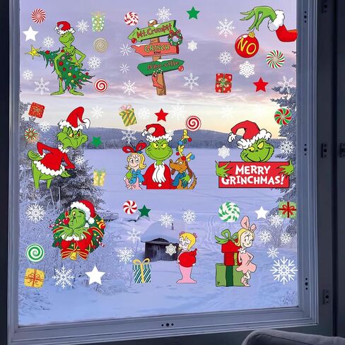 102Pcs Christmas Window Clings Stickers for Glass Winter Decorations for Indoor and Outdoor Christmas Window Decorations for Home Funny Green Monster Snowflake Xmas Window Decals in Saudi Arabia
