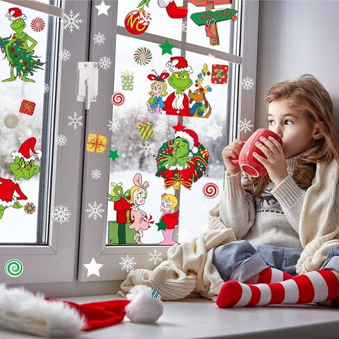 102Pcs Christmas Window Clings Stickers for Glass Winter Decorations for Indoor and Outdoor Christmas Window Decorations for Home Funny Green Monster Snowflake Xmas Window Decals in Saudi Arabia