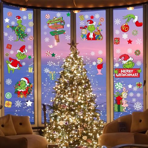 102Pcs Christmas Window Clings Stickers for Glass Winter Decorations for Indoor and Outdoor Christmas Window Decorations for Home Funny Green Monster Snowflake Xmas Window Decals in Saudi Arabia