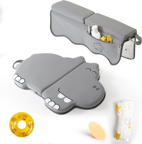 Comfortable Bath Kneeler and Elbow Rest Pad Set for Baby Bathing – 22'' Extra Long Non-Slip Kneeling Mat with 1.5'' Thick Memory Foam and Toy Organizer Pockets– Grey (Hippo Shape) in Saudi Arabia