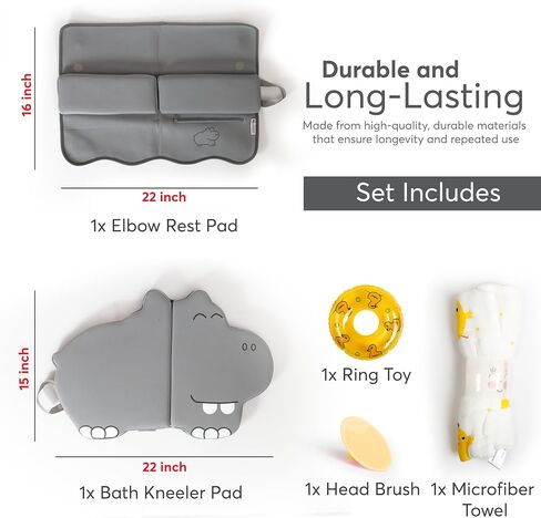 Comfortable Bath Kneeler and Elbow Rest Pad Set for Baby Bathing – 22'' Extra Long Non-Slip Kneeling Mat with 1.5'' Thick Memory Foam and Toy Organizer Pockets– Grey (Hippo Shape) in Saudi Arabia