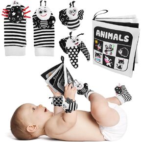 Baby Toys 0-12 Months: Black and White Sensory Toys Baby Socks & Wrist Rattles Newborn Toys with Baby Cloth Book Kits, High Contrast Baby Gifts for Boys Girls