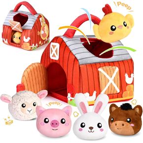 KMUYSL Baby Toys 0-6 6-12 Months, Plush Big Red Barn with Farm Animals, Soft Sensory Toys with Crinkle, Rattles for 0-3-6-9-12 Month Newborn Infant, Christmas Easter Birthday Gifts for Baby Boys Girls