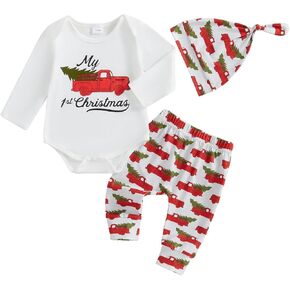 BemeyourBBs Newborn Baby Boy Christmas Outfit My 1st Christmas Romper Pants Set with Hat 3 Piece Infant Boy Winter Clothes
