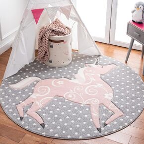 SAFAVIEH Carousel Kids Collection 5'3" Round Grey/Ivory/Pink CRK163G Unicorn Non-Shedding Playroom Nursery Bedroom Area Rug