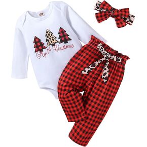 Baby Girl Christmas Outfit Newborn Xmas Gifts My First Christmas Romper Infant Plaid Pants Headband 0-18 Months