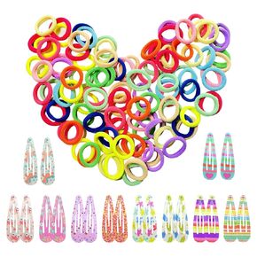 AMMY Hair Accessories for Girls,100 Pcs Cotton Baby Hair Ties Multicolor Small Seamless Hair Bands with 20 Pcs 2 Inch Snap Hair Clips for Baby, Toddler, Girl, Kids,Children