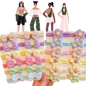 Bow Charm Kids Hair Ties No Damage Baby Pink Series Princess Color Flower Thick Hair Elastics Ponytail Holders 24pcs Pastel Colors for Baby Girls and Toddlers Parent-child Activities