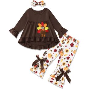 Toddler Girl Thanksgiving Outfits Turkey Top Pumpkin Flares Pants Baby Girl Thanksgiving Clothes Set