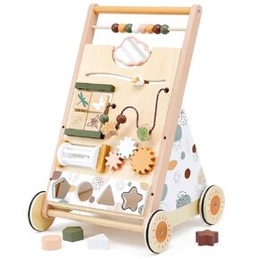 Joyreal Wooden Baby Walker Push Toys - Adjustable Speed Baby Push Walker with Wheels and Learning Activity Center - Neutral Color Montessori Walker Toys for Baby Boys and Girls Gifts