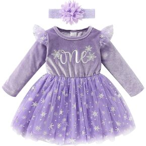 Baby Girl Birthday Dress Velvet One Year Old Snowflake Tulle Skirt with Hairband Winter Clothes