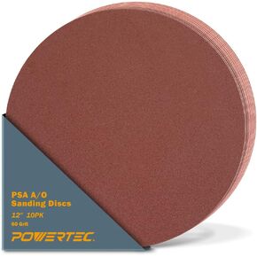 POWERTEC 110380V 12-Inch PSA 60 Grit Aluminum Oxide Adhesive Sanding Disc, 10-Pack