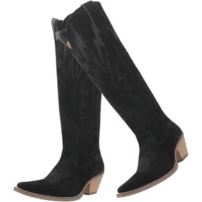 SHODENSE Women Suede Knee High Cowgirl Cowboy Boots Embroidered Stacked Heel Pointed Toe Tall Western Boots Pull On Wide Calf Low Chunky Heel Dress Long Boots Vintage Casual 4-11 M US