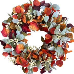22 Inch Fall Flower Wreath for Front Door, Autumn Yellow Orange Forsythia Flower Indoor Outdoor Wreath with Berries Foam Leaves, Fall Festival Home Decor Wreath