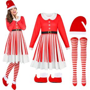Women Christmas Costume Set Elf Santa Xmas Festive Outfit Includes Dress Hat Shoes Striped Stockings for Holiday
