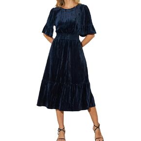 Women's Tiered Velvet Midi Dress Fall Winter Smocked High Waist Dress with Pockets Cocktail Evening Party Formal Dress