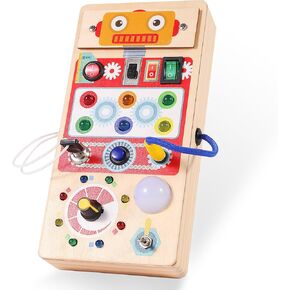 Asweets Montessori Wooden Busy Board Toy for Toddler, Red Robot Sensory Board with 8 LED Shape Light Switches