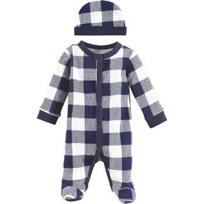 Hudson Baby Unisex Baby Thermal Preemie Sleep and Play and Cap, Navy Plaid, Preemie
