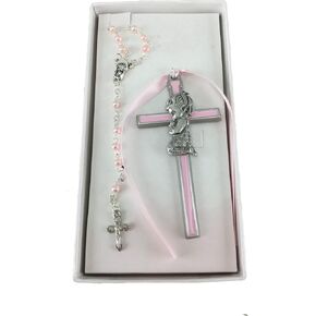 Girl Crib Cross and Rosary set Cross is 3 1/2 inches great baptism christening gift keepsake gift
