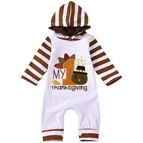 Sinda Infant Baby Boy Girl Thanksgiving Outfit Stripes Jumpsuit My 1st Thanksgiving Long Sleeve Hoodie Romper Baby Clothes
