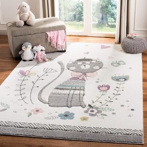 SAFAVIEH Carousel Kids Collection 4' Square Ivory/Pink CRK187A Parisian Floral Cat Non-Shedding Playroom Nursery Bedroom Area Rug