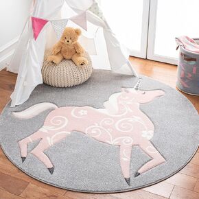 SAFAVIEH Carousel Kids Collection 5'3" Round Grey/Pink CRK163F Unicorn Non-Shedding Playroom Nursery Bedroom Area Rug