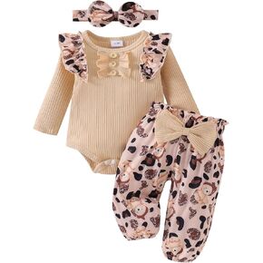 Baby Girl Clothes Fall Winter Ruffle Long Sleeve Romper Bear Leopard Print Pants Bow Headband Outfits Set 0-18 Months