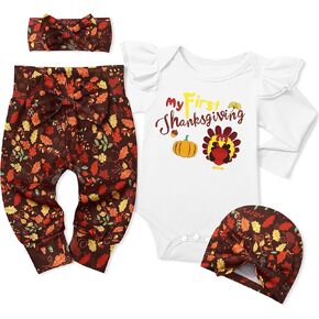 My First Thanksgiving Baby Girl Outfit Ruffle Long Sleeve Turkey Print Thanksgiving Baby Girl Outfit
