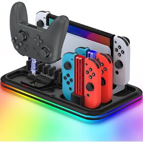 RGB Switch Controller Charging Stand for Nintendo Switch Charger Dock with 8 Games Storage for Switch pro Controller Joycons (Black)