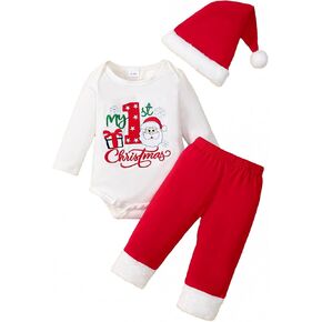 Baby Boy Christmas Outfit My First Christmas Romper+ Plush Pants+ Santa Hat 3PC Clothes Set