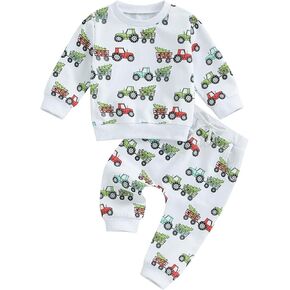 NZNDSHD Baby Boy Christmas Outfit Truck Christmas Tree Snowman Print Long Sleeve Sweatshirts Pants 2Pcs Clothes Set