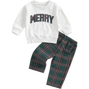 FYBITBO Toddler Baby Christmas Outfit Girls Boys Plaid Merry Sweatshirt Long Sleeve Shirt Pants Winter Christmas Clothes Set
