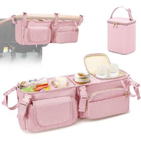 Stroller Wagon Organizer Compatible with Wonderfold W4 Wagon, Parent Console Caddy Wagon Accessories with Cup Holder and Cooler Bag, Black (Empty Bag)